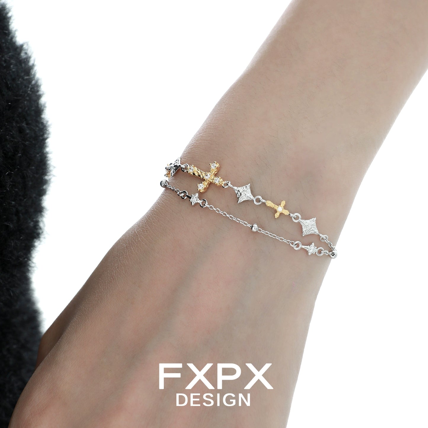 Stylish FXPX gold cross silver bracelet featuring delicate crosses and star designs