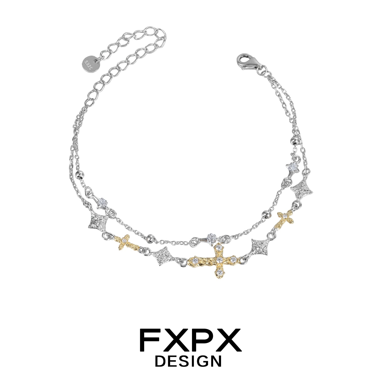FXPX gold cross silver bracelet featuring stylish gold and silver design with decorative charms