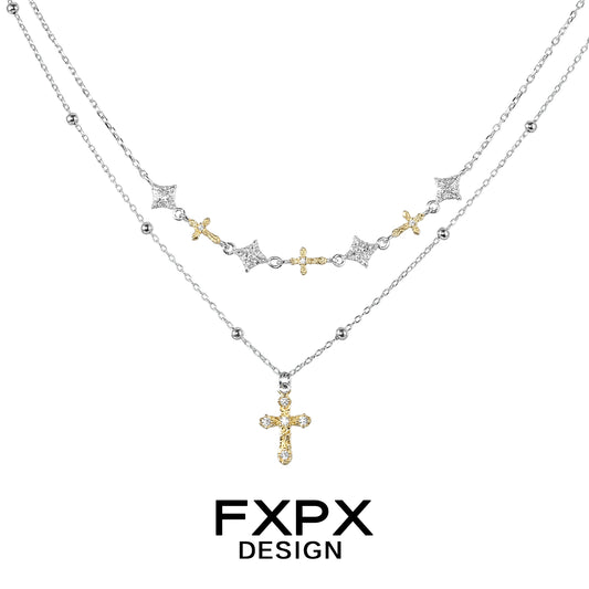 Two-layer FXPX gold faith cross necklace featuring sparkling diamonds and elegant design