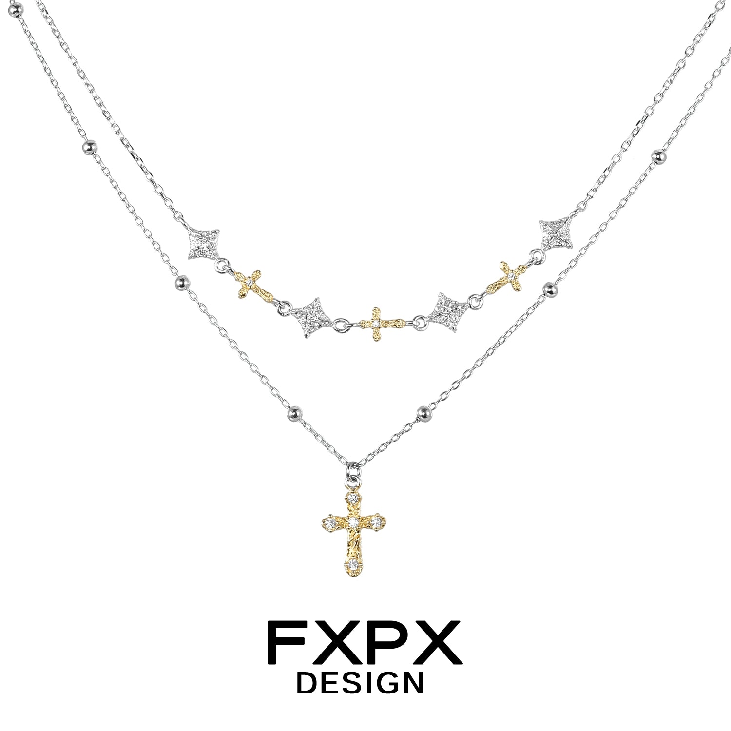 Elegant FXPX gold faith cross necklace with layered silver chains and sparkling accents