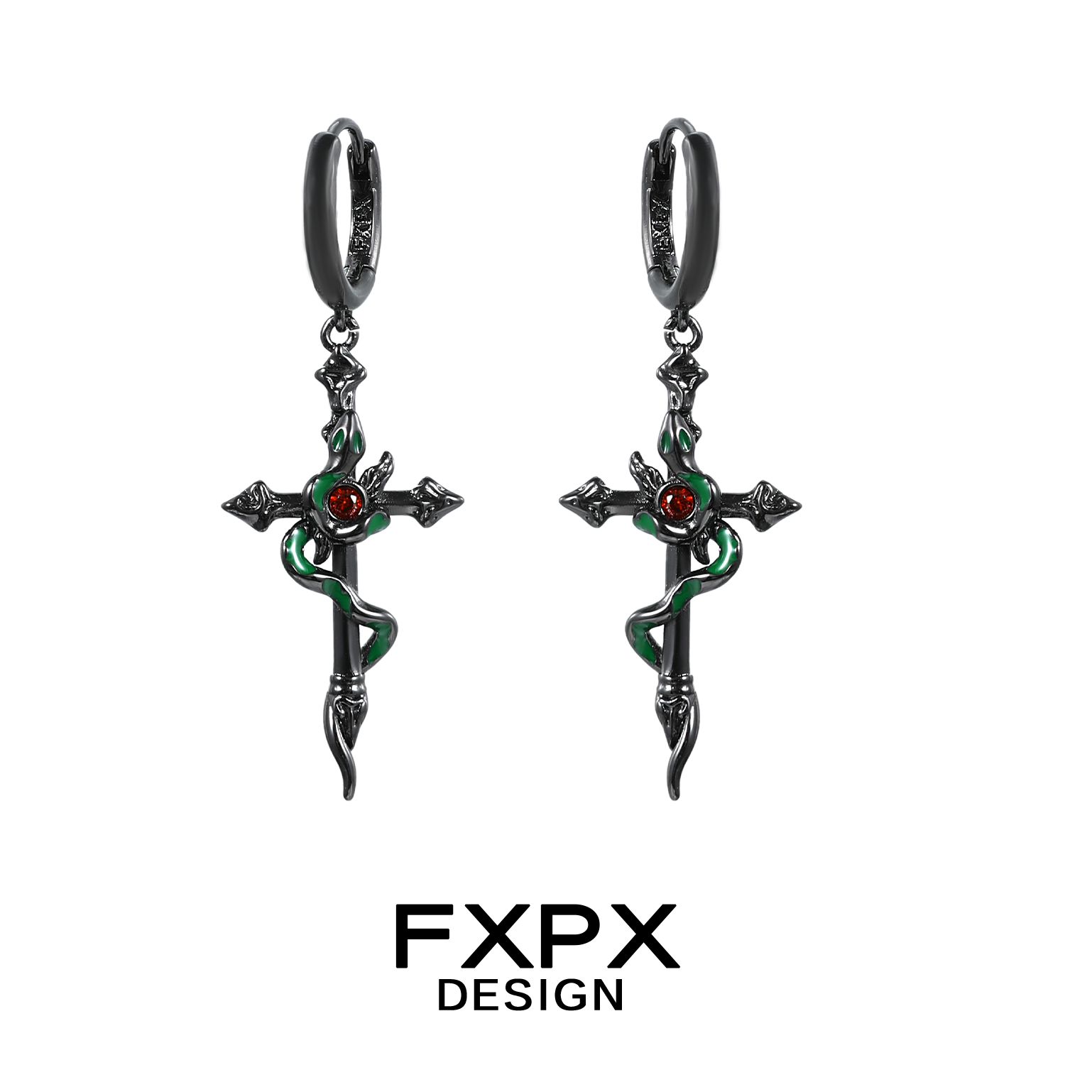 Gothic black viper snake earrings with cross design and red gemstone accents by FXPX