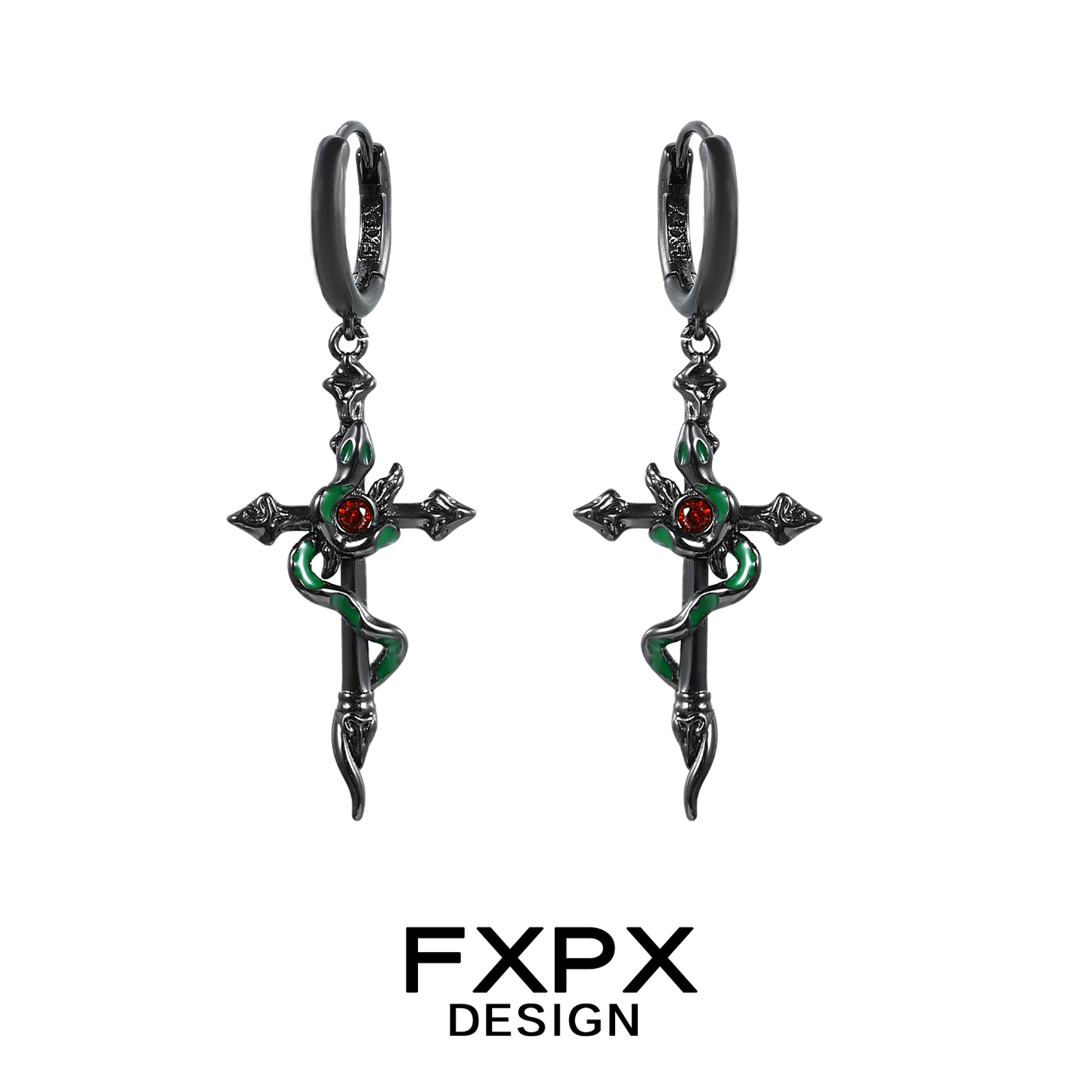 FXPX gothic black viper snake earrings with a cross design and green detailing