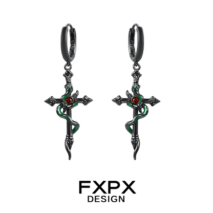 FXPX gothic black viper snake earrings with a cross design and green detailing