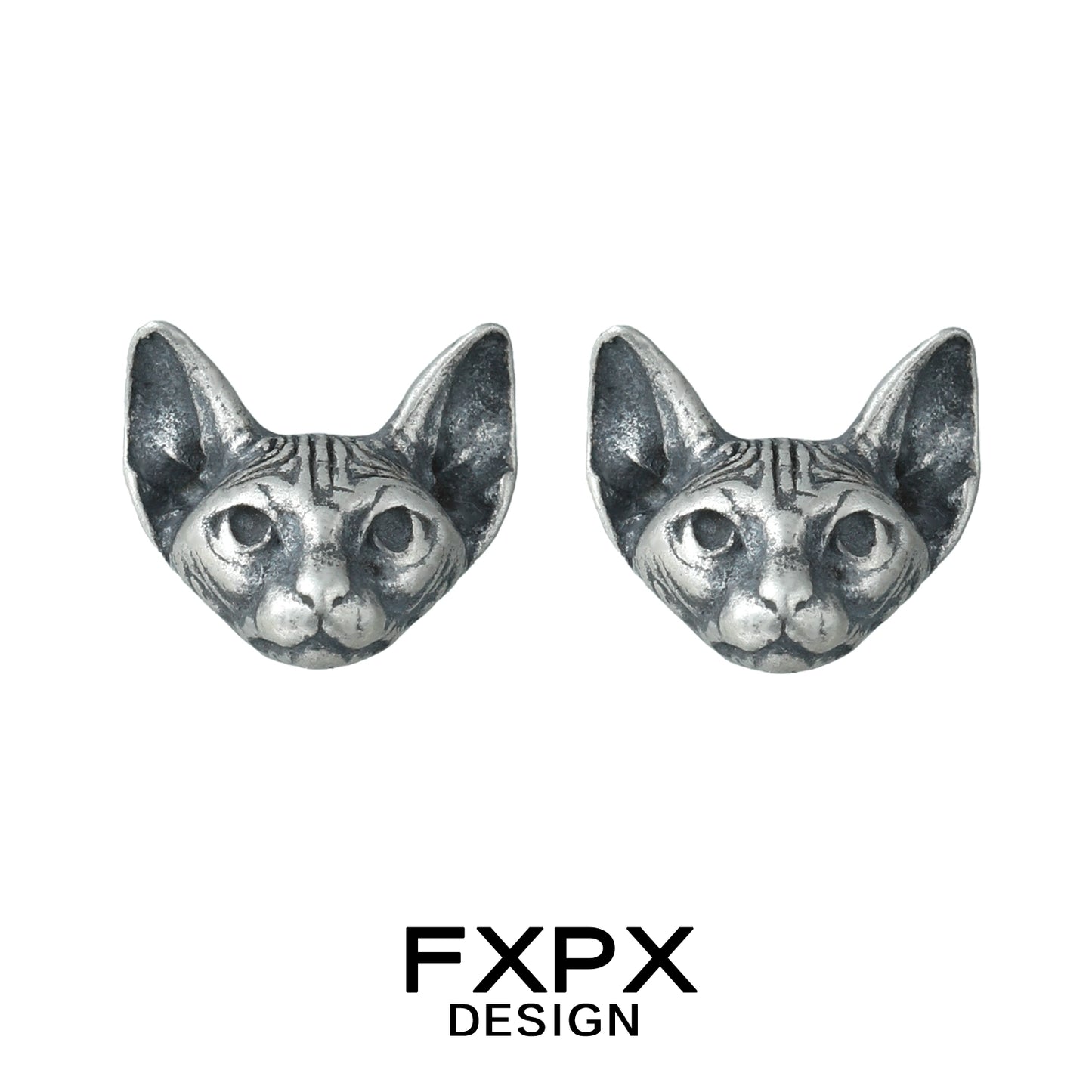 FXPX gothic cat earrings featuring detailed cat face design in silver tone