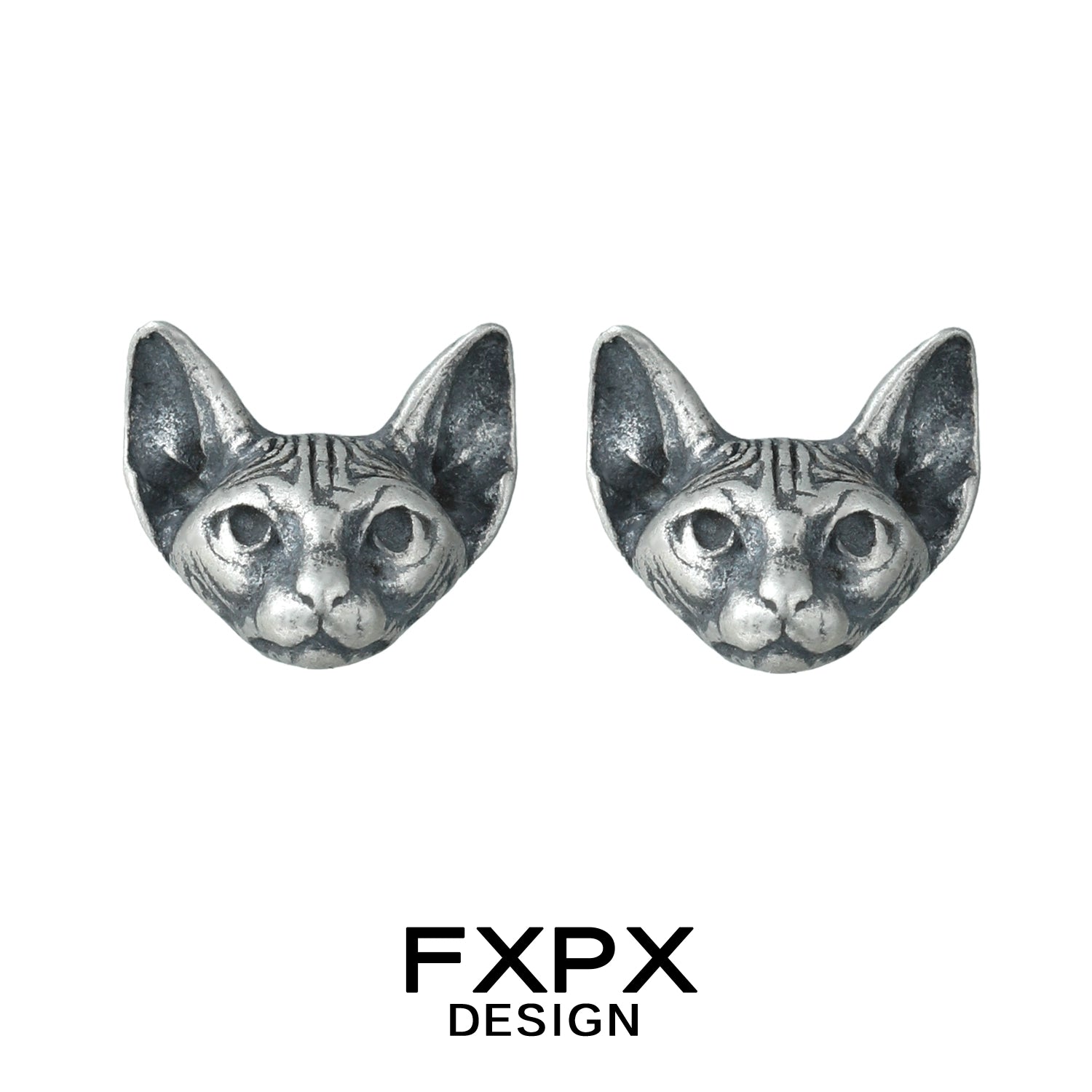 FXPX gothic cat earrings featuring detailed cat face design in silver tone