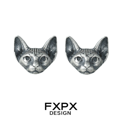 FXPX gothic cat earrings featuring detailed cat face design in silver tone