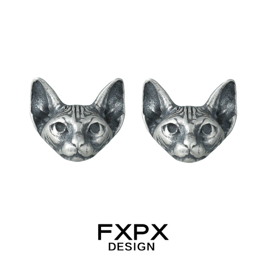 FXPX gothic cat earrings featuring detailed cat face design in silver tone