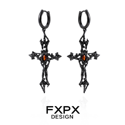 FXPX gothic cross earrings in black metal with intricate design and red gemstones