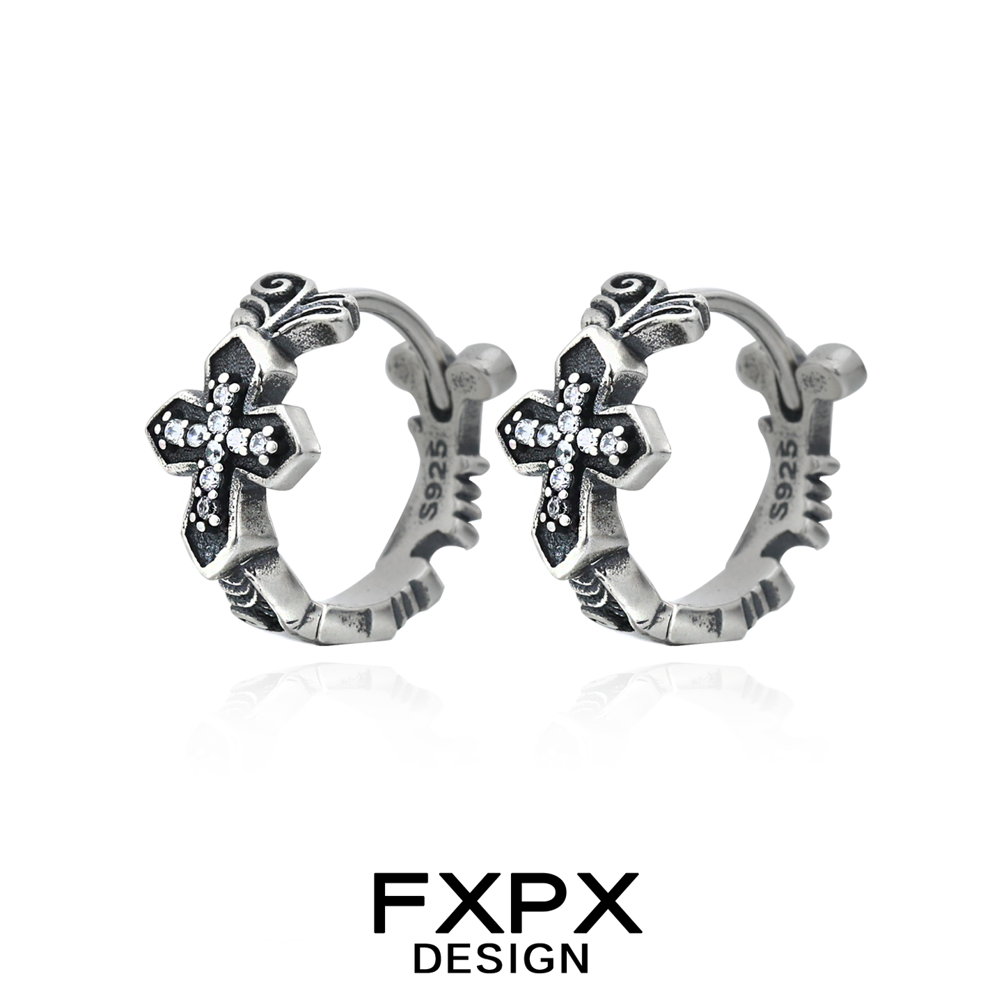 FXPX Gothic Cross Earrings in Silver with Sparkling Stones and Intricate Design