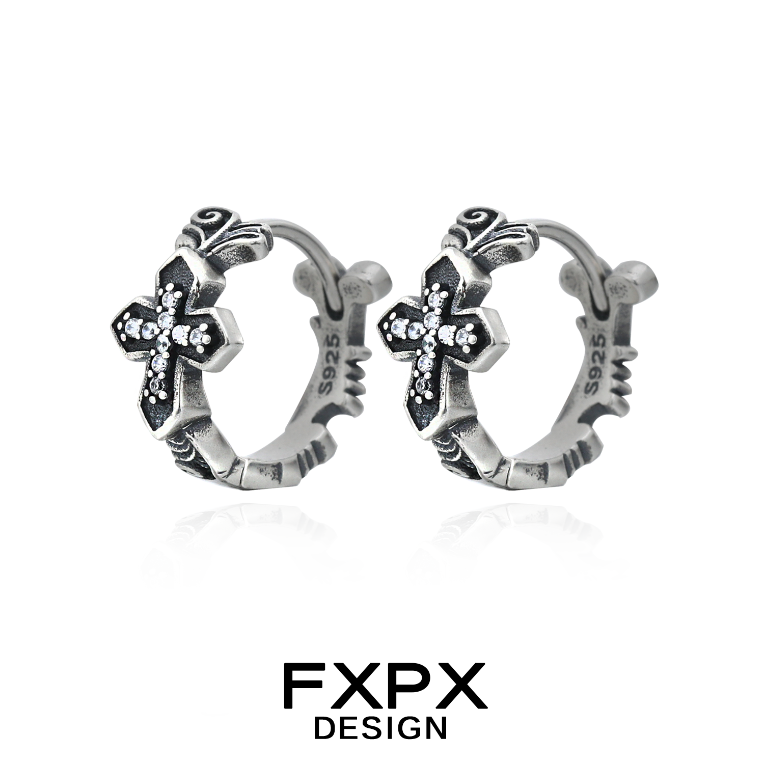 FXPX Gothic Cross Earrings in Silver with Sparkling Stones and Intricate Design
