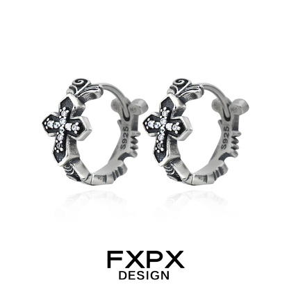 FXPX gothic cross earrings in silver with rhinestone accents for a stylish gothic look