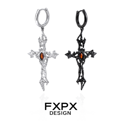 FXPX gothic cross earrings in silver and black with intricate designs and gemstone accents