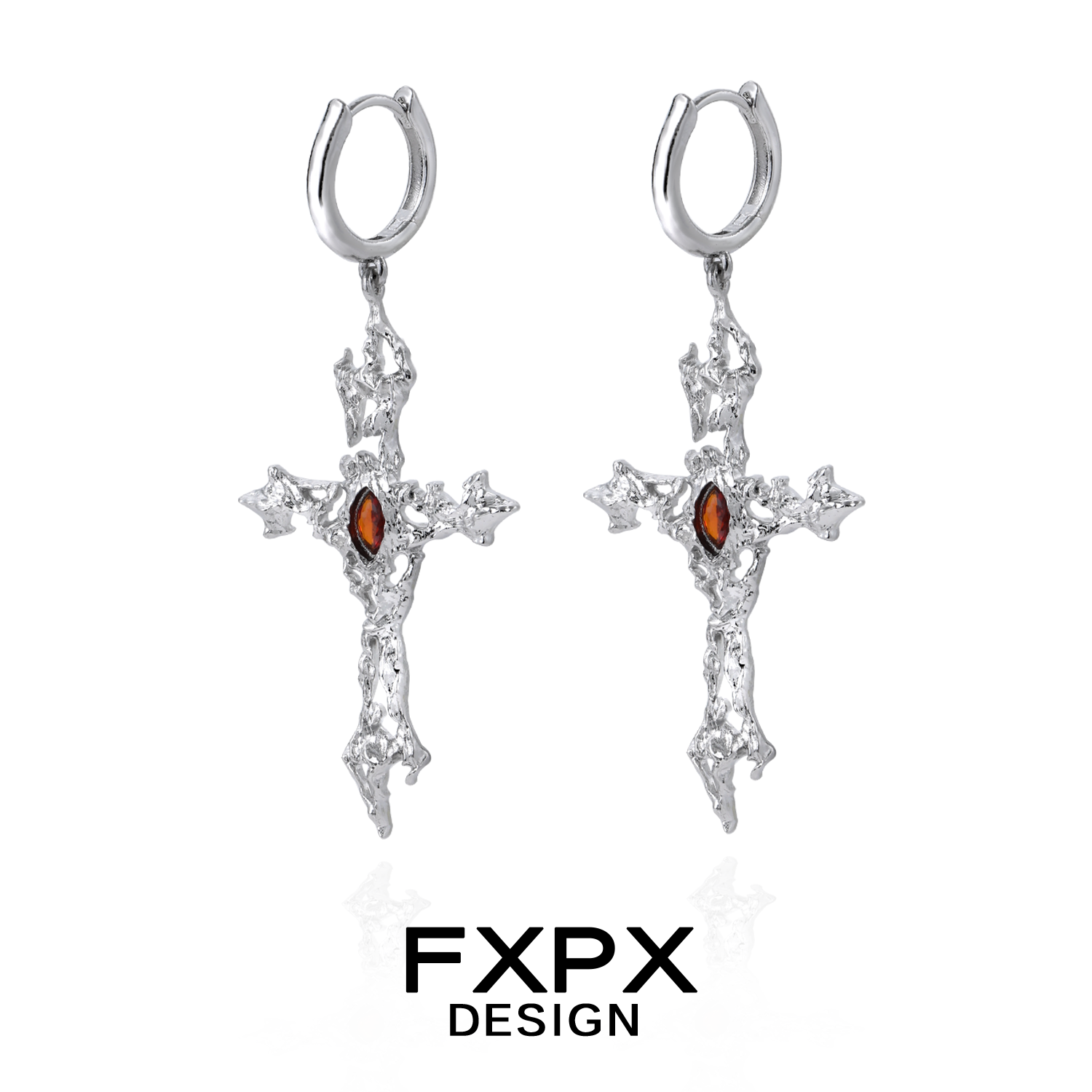 FXPX gothic cross earrings in silver with intricate detailing and a sparkling gemstone