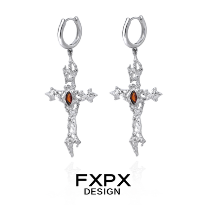 FXPX gothic cross earrings in silver with intricate detailing and a sparkling gemstone