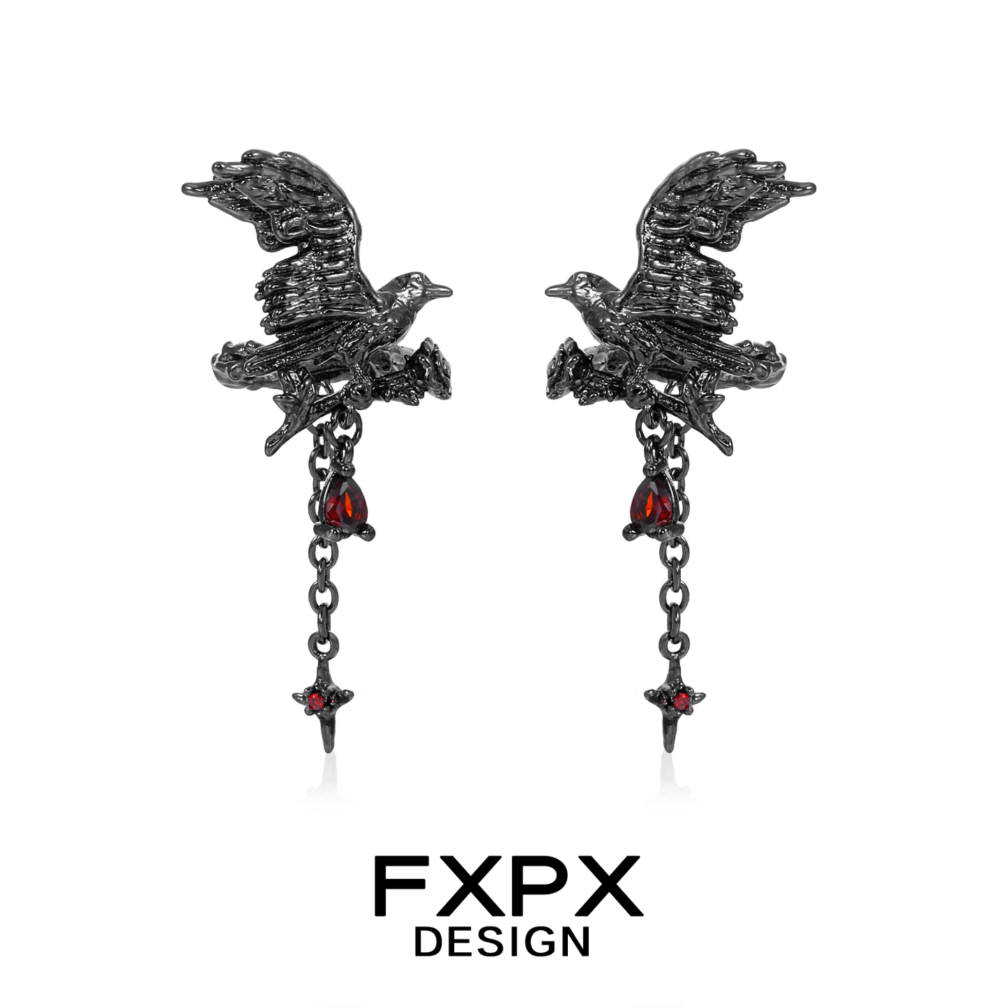 FXPX gothic crow ear cuffs with intricate design and red gemstone accents for a dramatic look