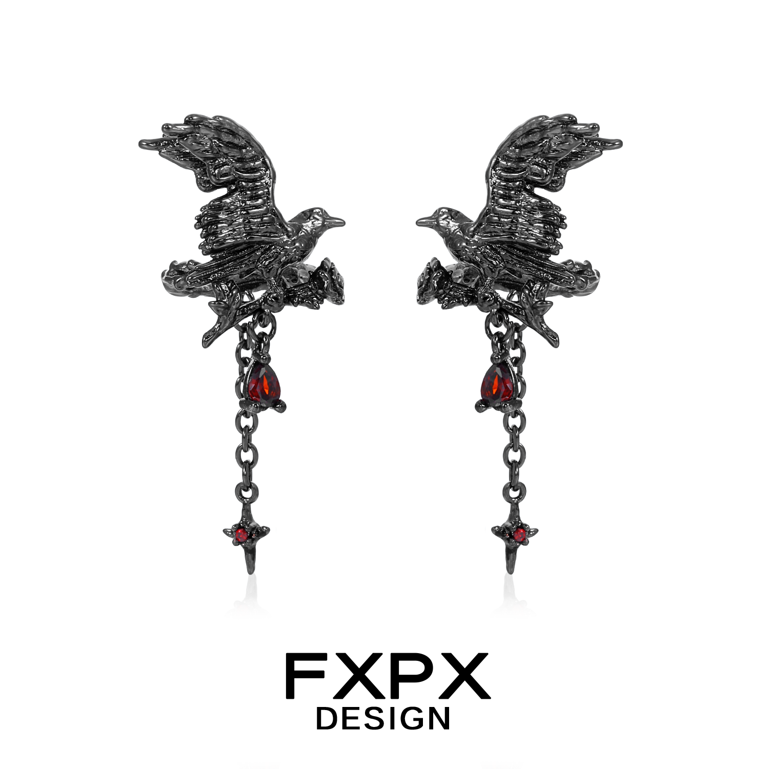 FXPX gothic crow ear cuffs with intricate design and red gemstone accents for a dramatic look