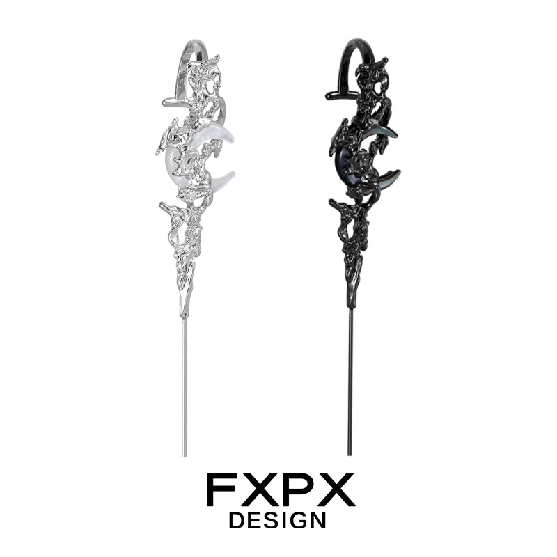 FXPX gothic ear needle jewelry featuring intricate designs in silver and black finishes