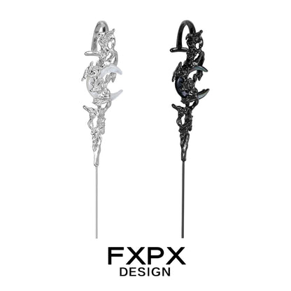 FXPX gothic ear needle jewelry featuring intricate designs in silver and black finishes