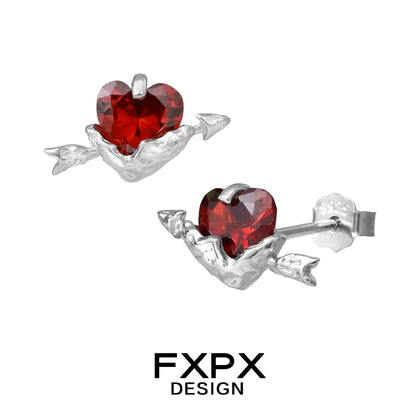 FXPX gothic heart earrings with red gemstone and silver arrow design for a striking accessory