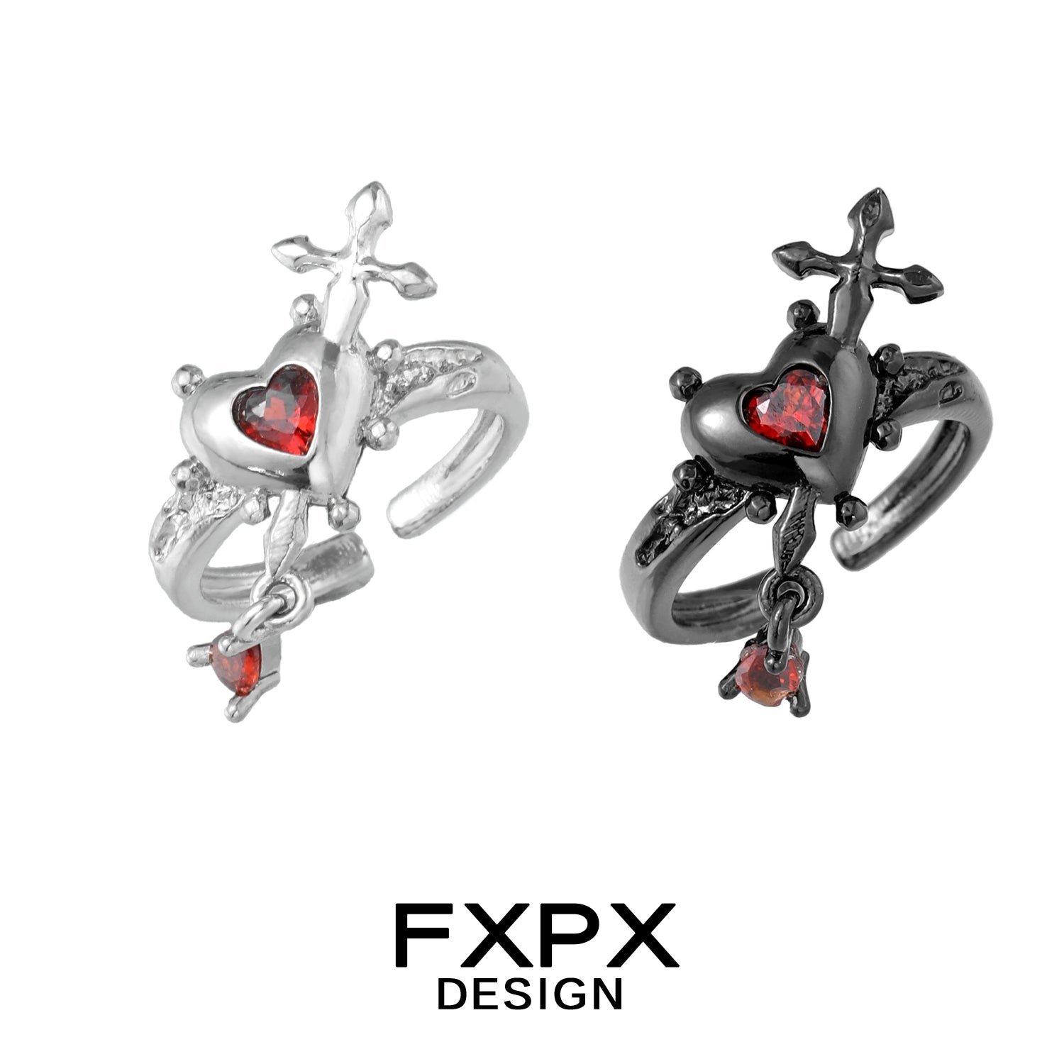 FXPX gothic love promise ring featuring a heart and cross design with red gemstones