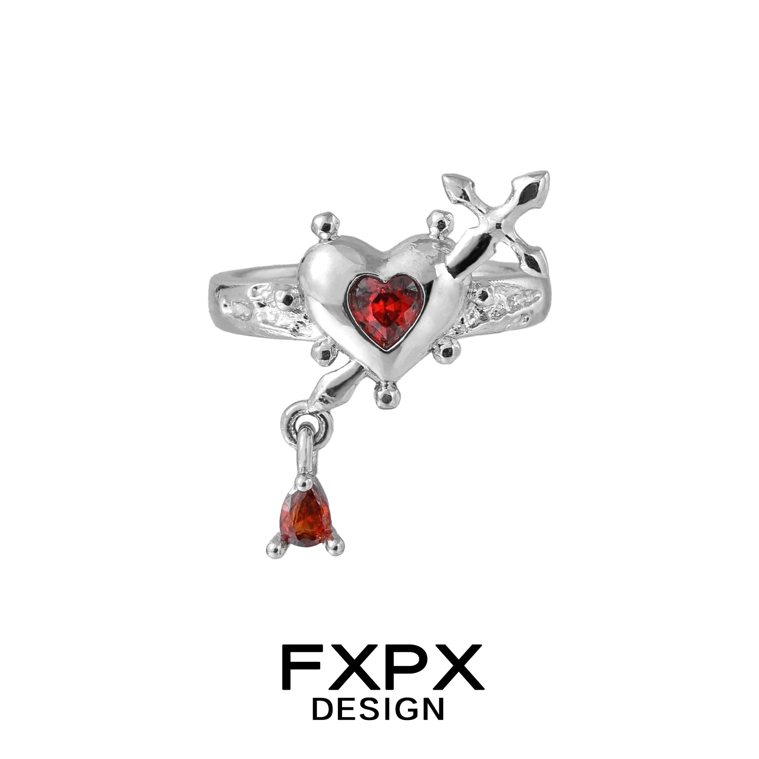 FXPX gothic love promise ring featuring a heart and arrow design with red gemstones