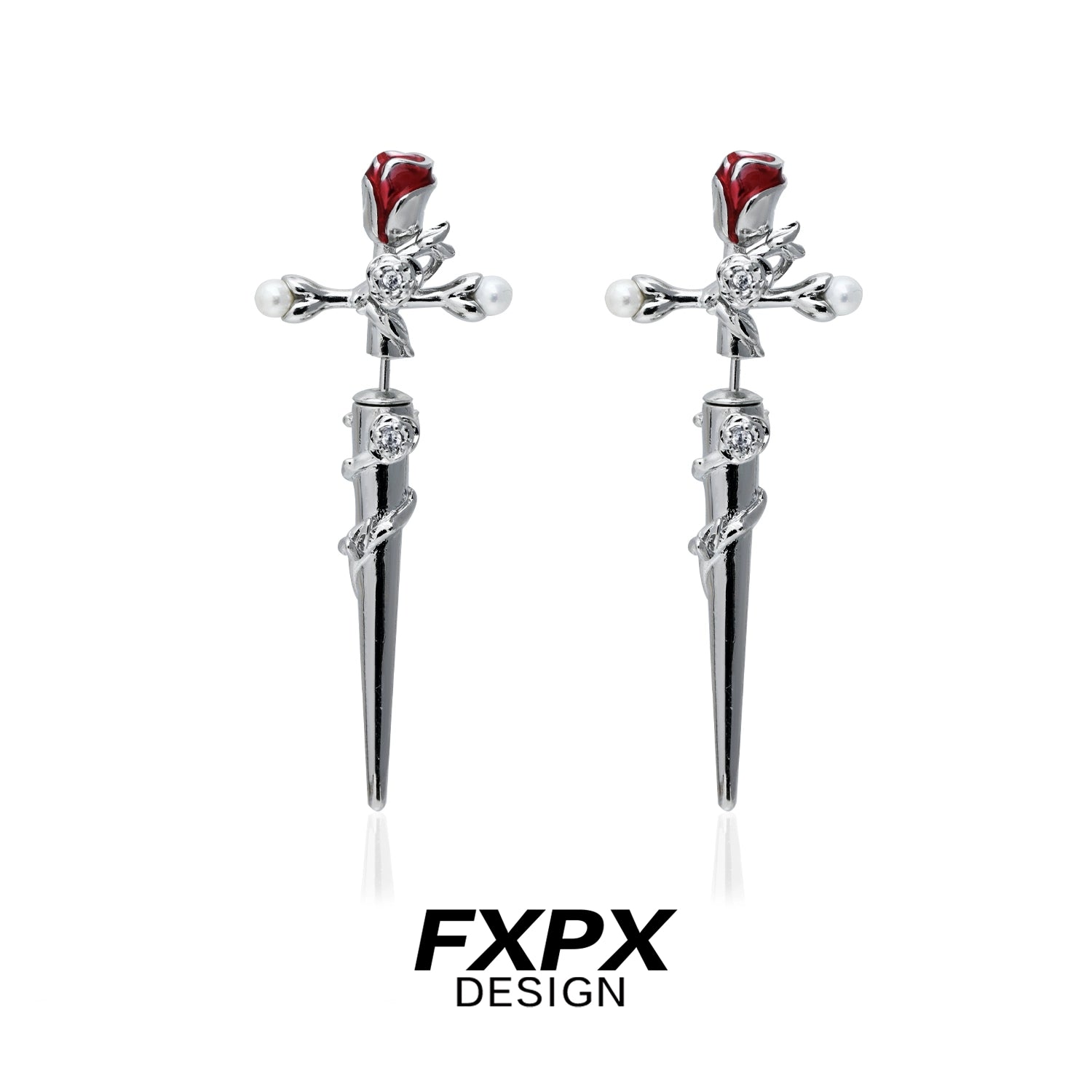 FXPX Gothic Rose Cross Earrings with Red Rose Detail and Elegant Silver Finish