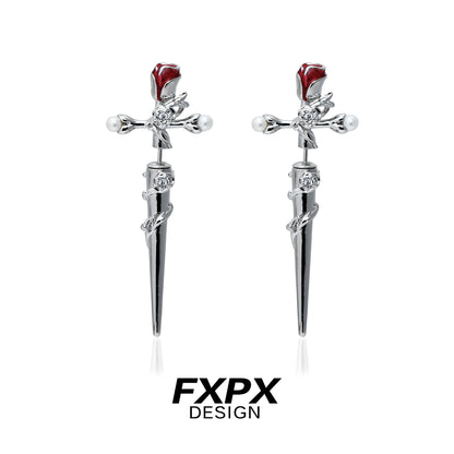 FXPX Gothic Rose Cross Earrings with Red Rose Detail and Elegant Silver Finish