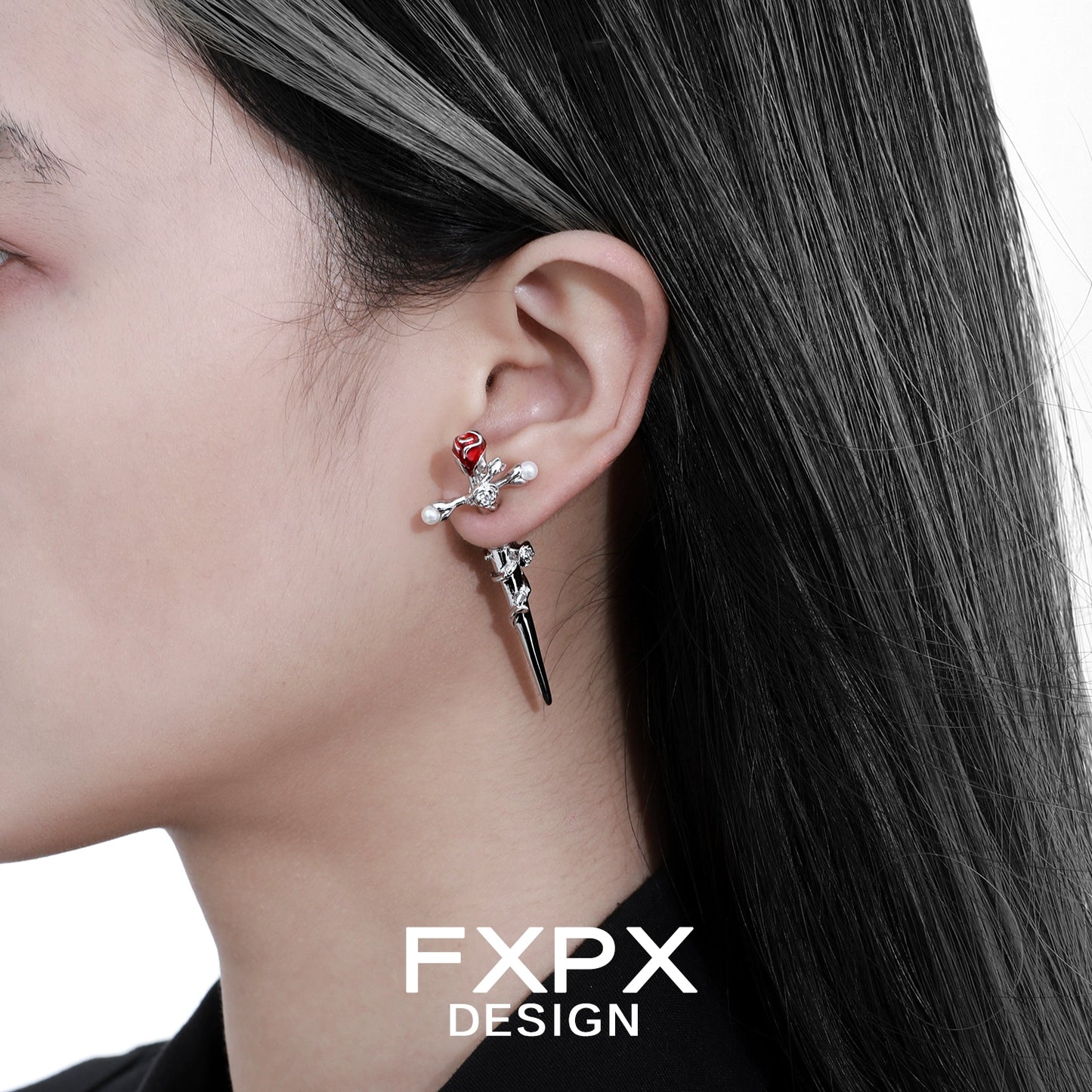 FXPX Gothic rose cross earrings with red accents for a stylish edgy look