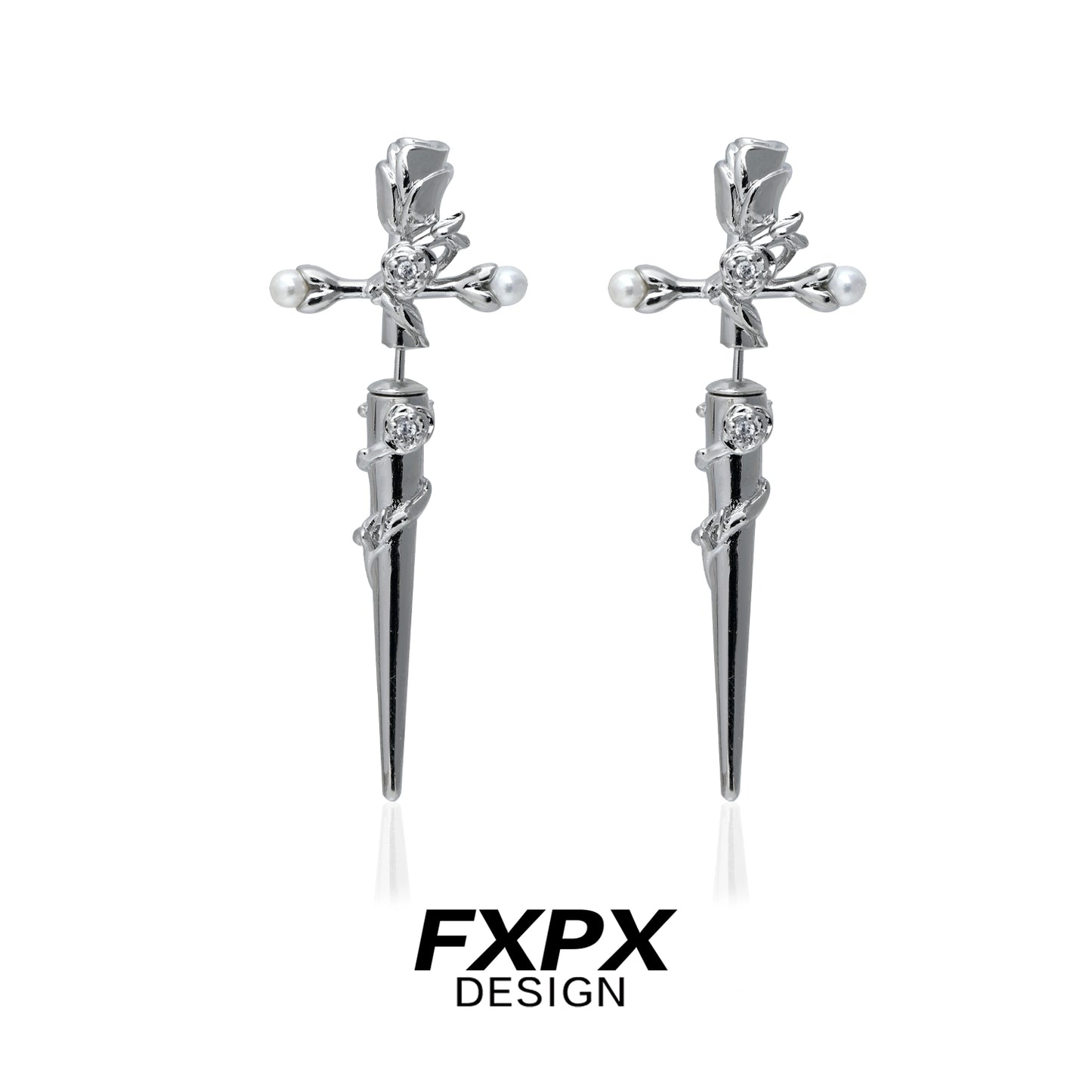 FXPX gothic rose cross earrings featuring elegant rose and cross design in silver finish