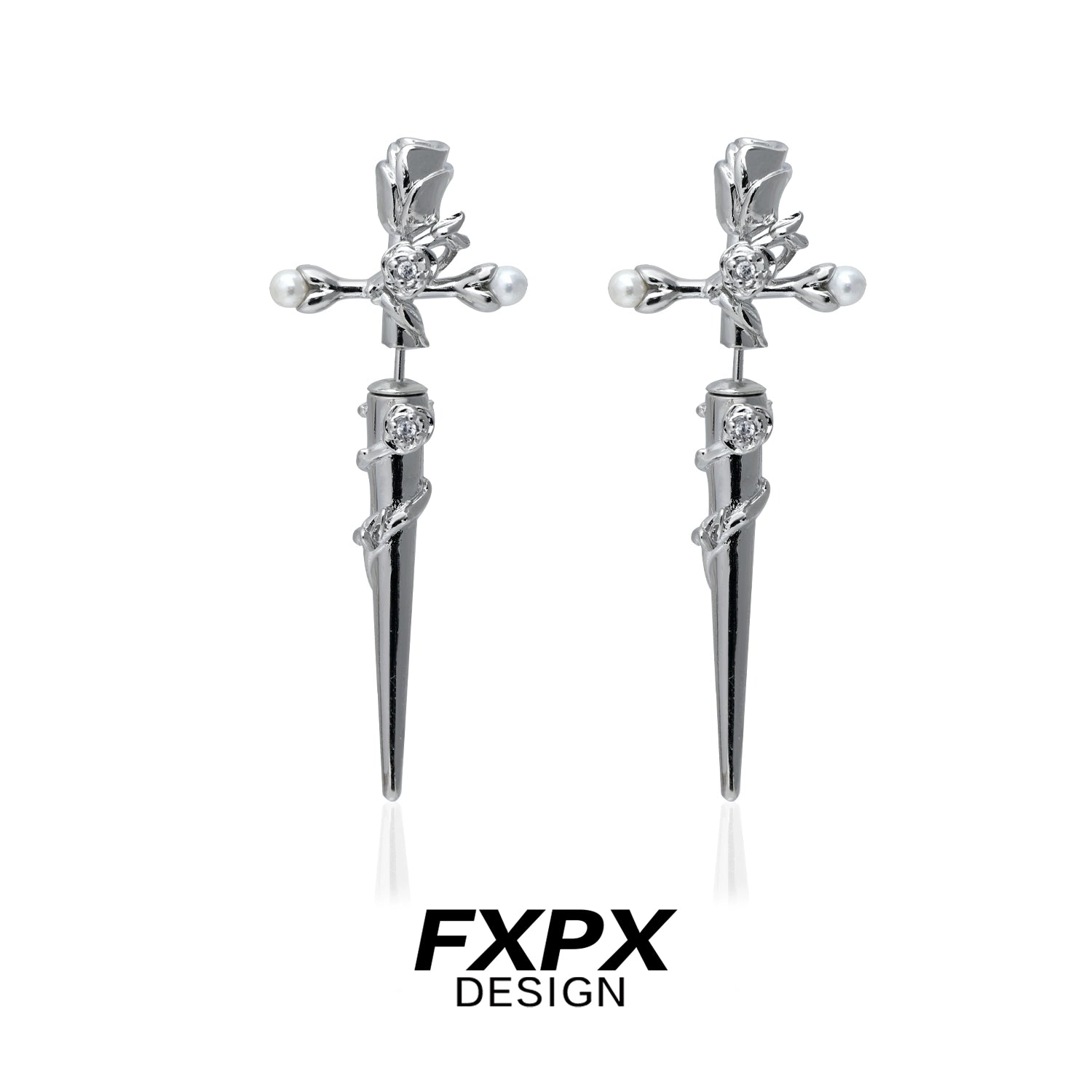FXPX gothic rose cross earrings featuring elegant rose and cross design in silver finish