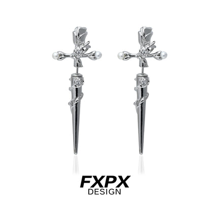 FXPX gothic rose cross earrings featuring elegant rose and cross design in silver finish