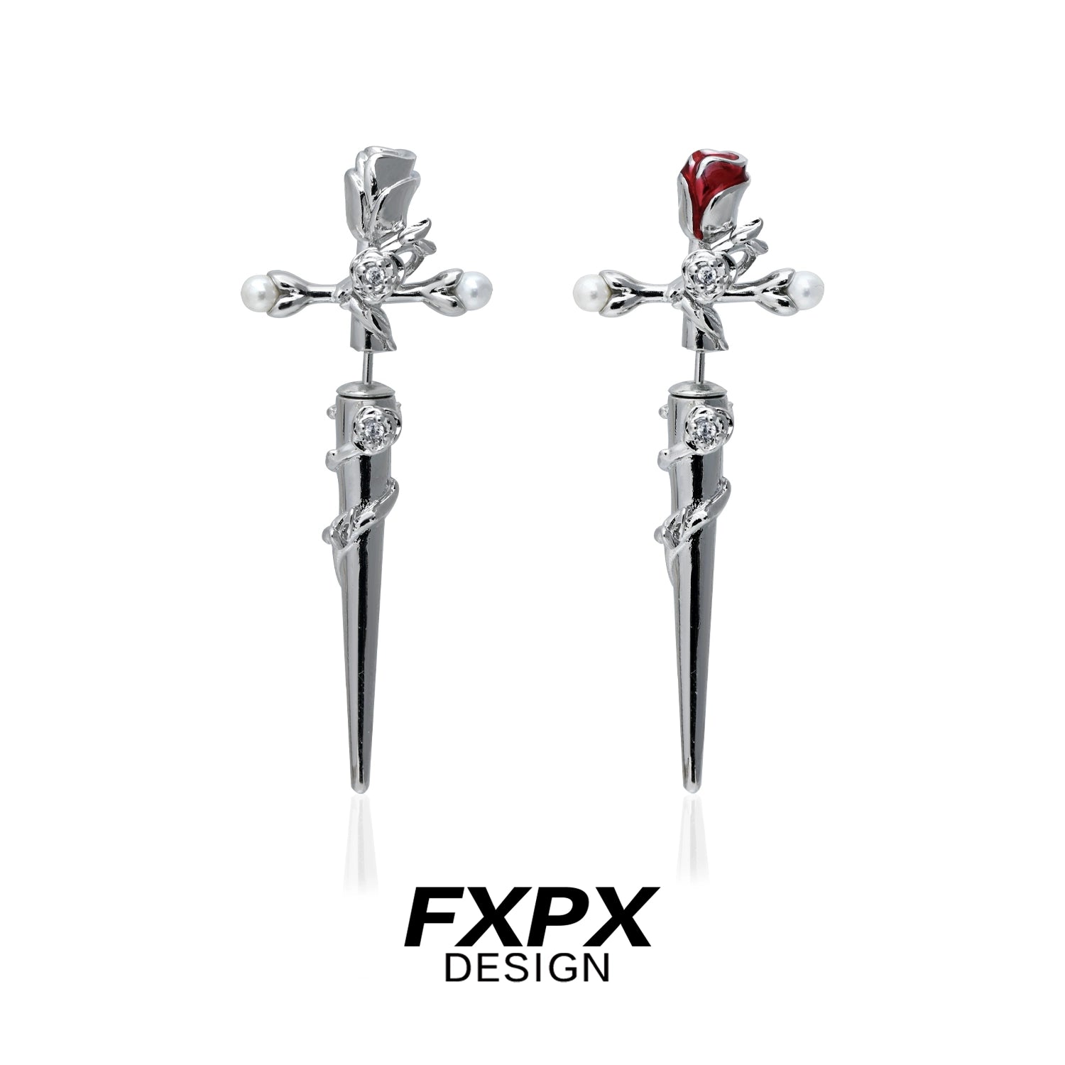 FXPX Gothic rose cross earrings featuring red rose detail and silver cross design