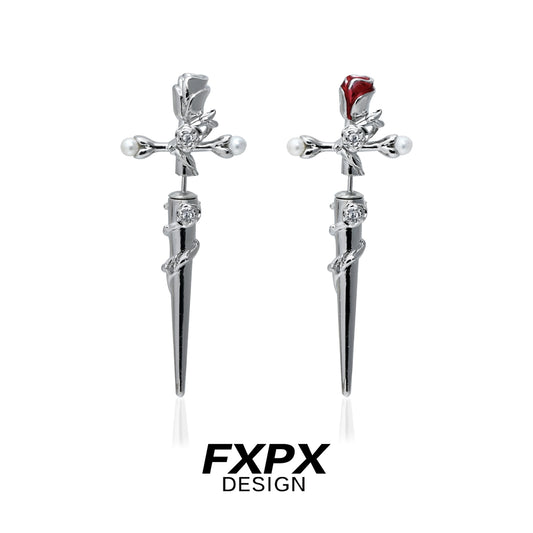 FXPX Gothic rose cross earrings featuring red rose detail and silver cross design