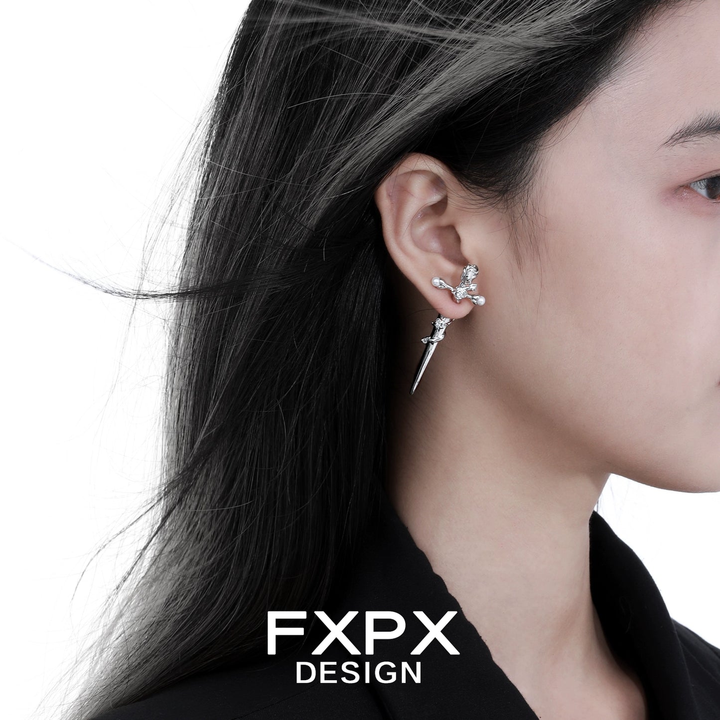 FXPX gothic rose cross earrings elegantly displayed on a model's ear showcasing unique design
