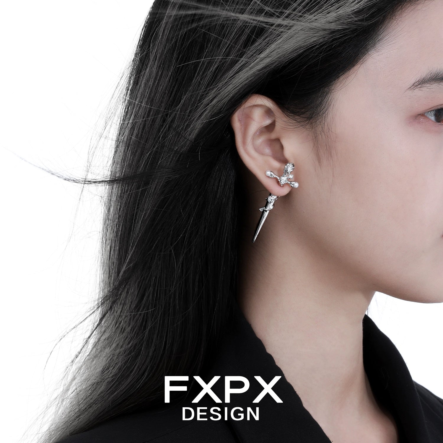 FXPX gothic rose cross earrings elegantly displayed on a model's ear showcasing unique design