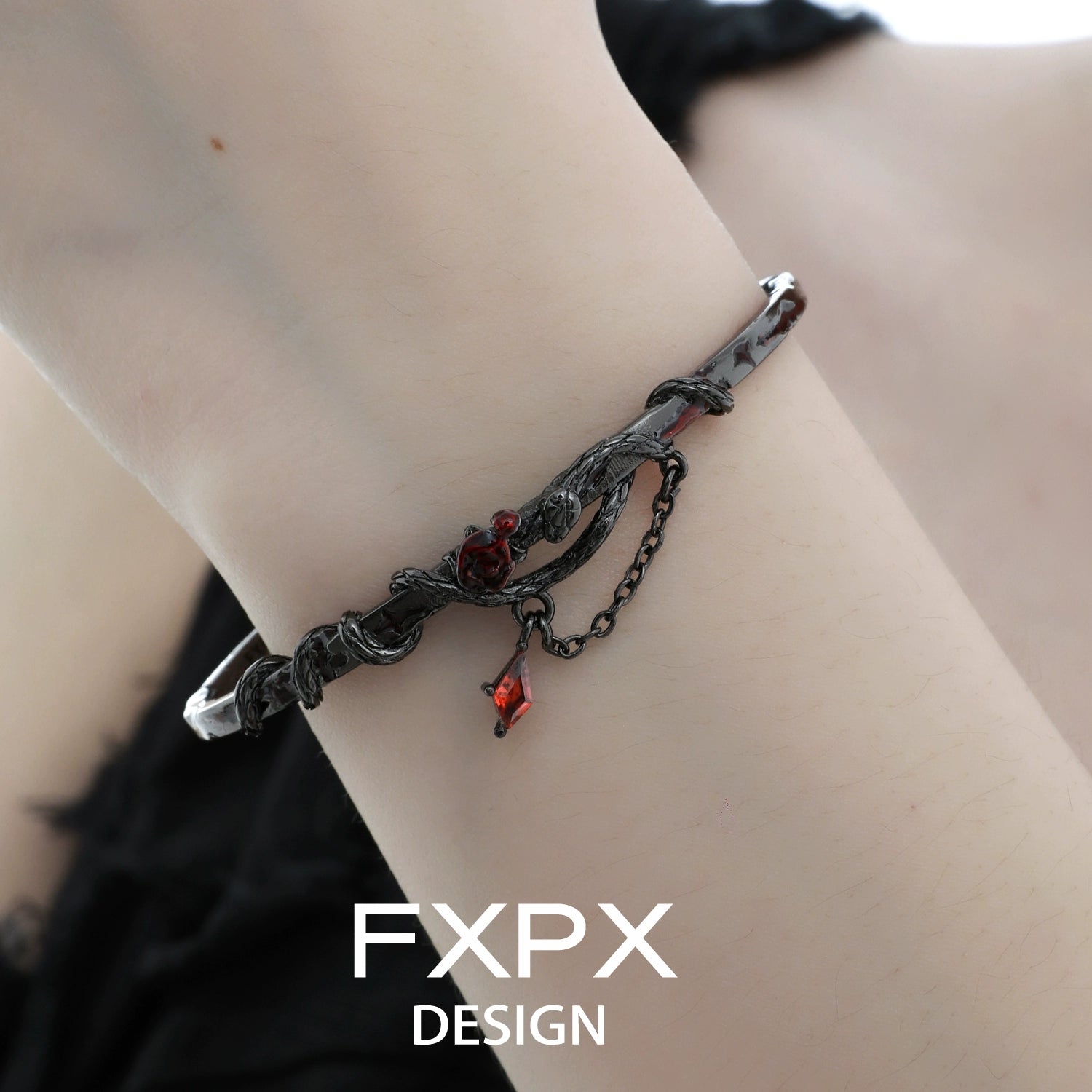 FXPX gothic rose snake bracelet featuring intricate design and red gemstone accents