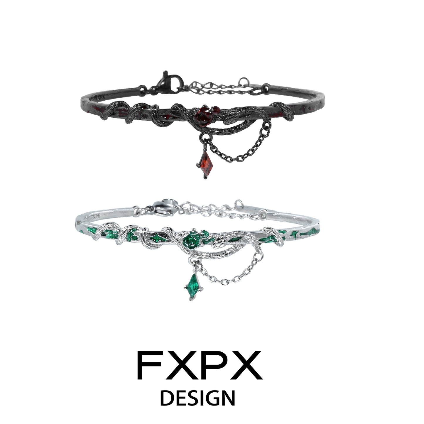 FXPX gothic rose snake bracelet in silver and black with intricate details and decorative charms