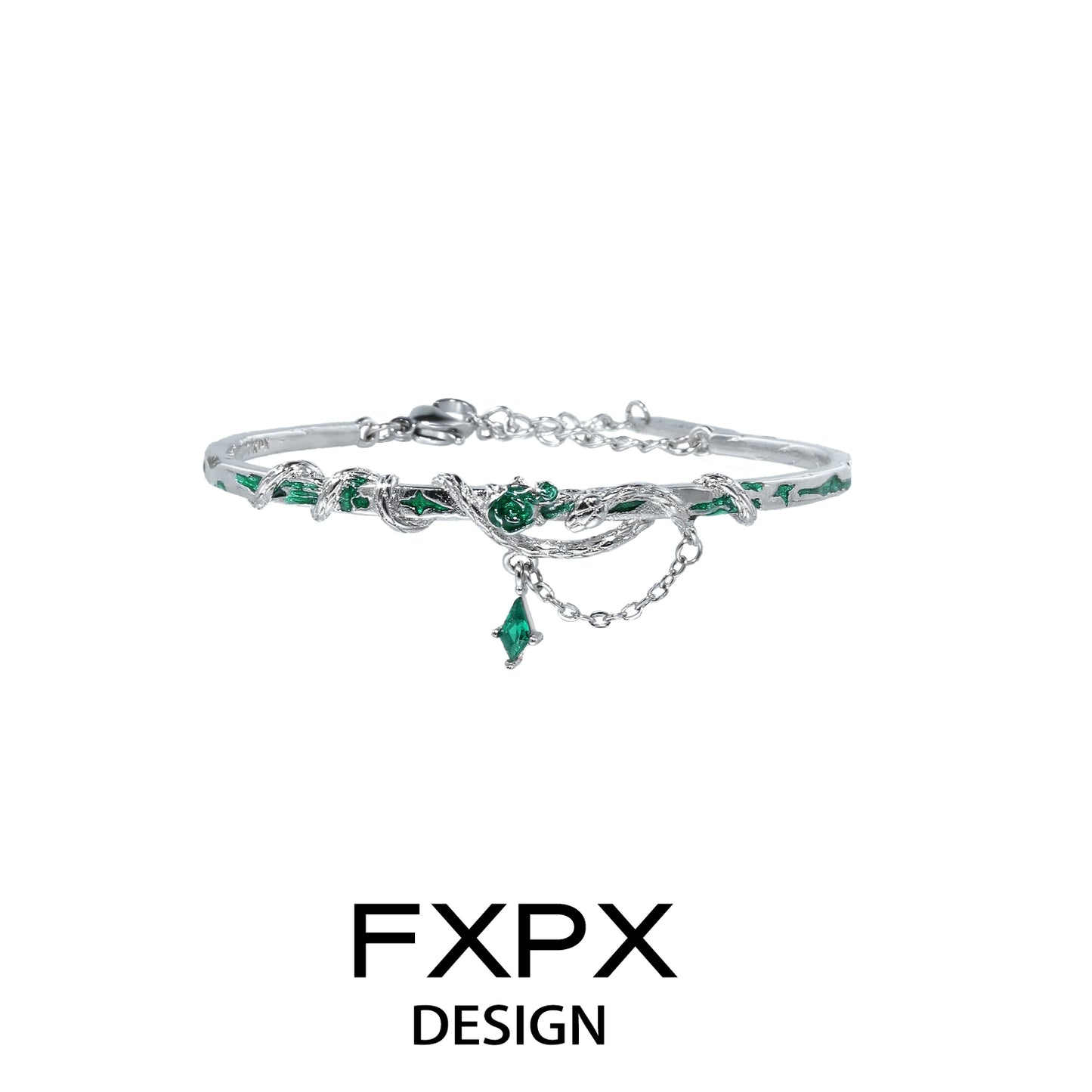 FXPX Gothic Rose Snake Bracelet with Green Gems and Elegant Chain Detail