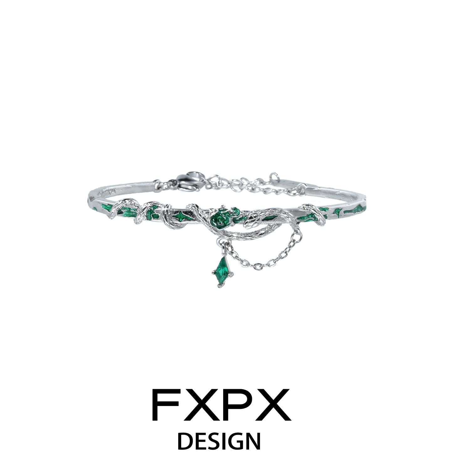 FXPX Gothic Rose Snake Bracelet with Green Gems and Elegant Chain Detail