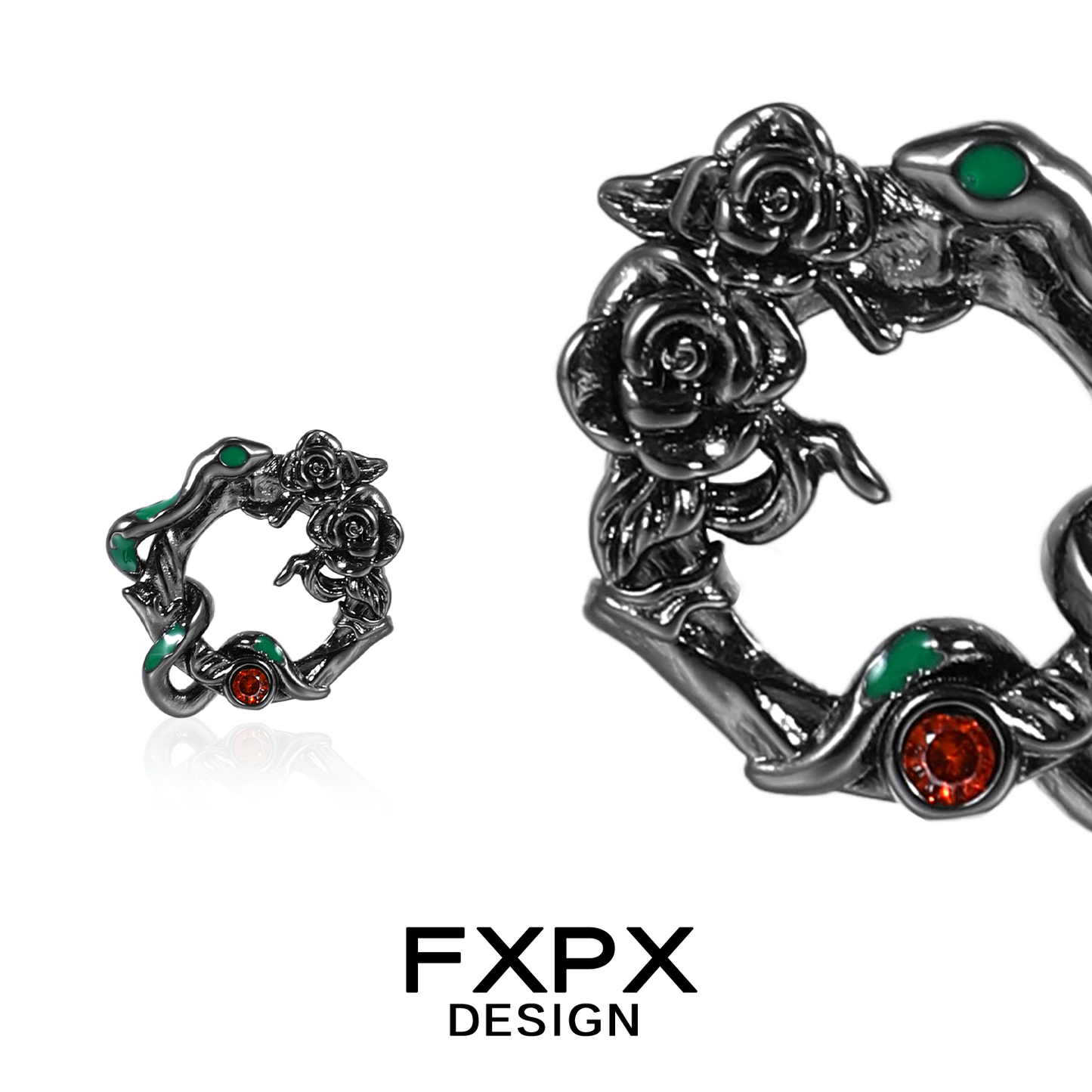 FXPX gothic rose snake earrings in silver with green accents and red stone detailing