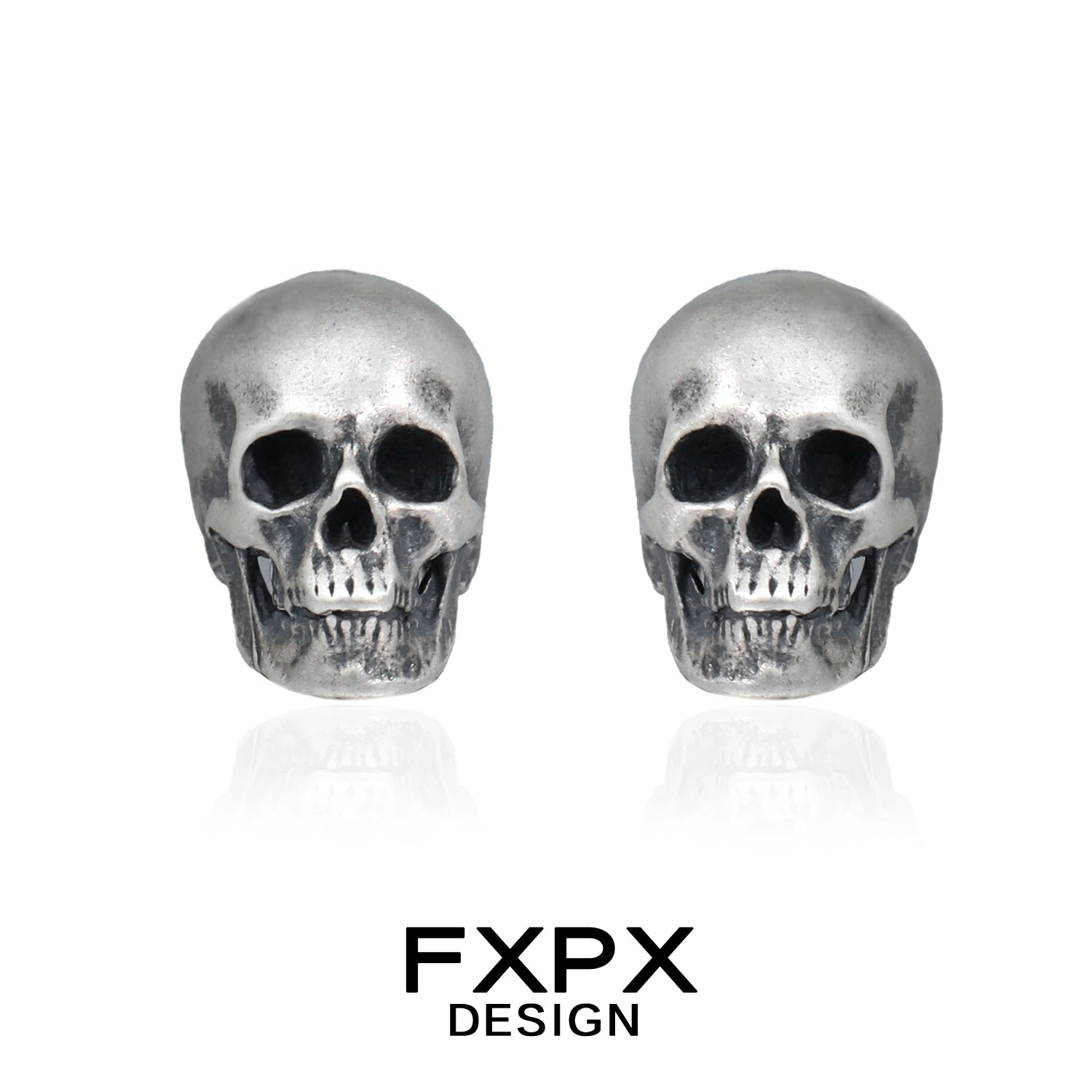 Gothic skull silver earrings by FXPX design featuring detailed skull motifs for a bold look