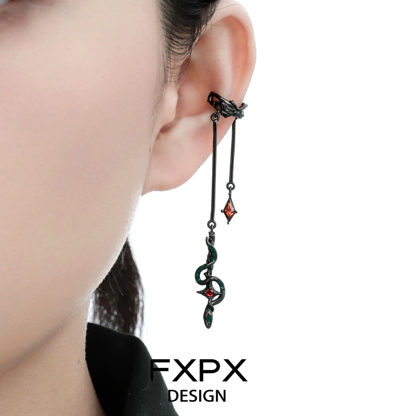 FXPX gothic snake ear cuff featuring a unique snake design with red accents and a dangling style