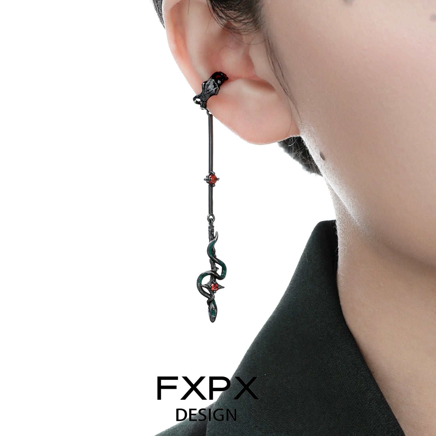 FXPX gothic snake ear cuff featuring a unique design with red accents for a bold look