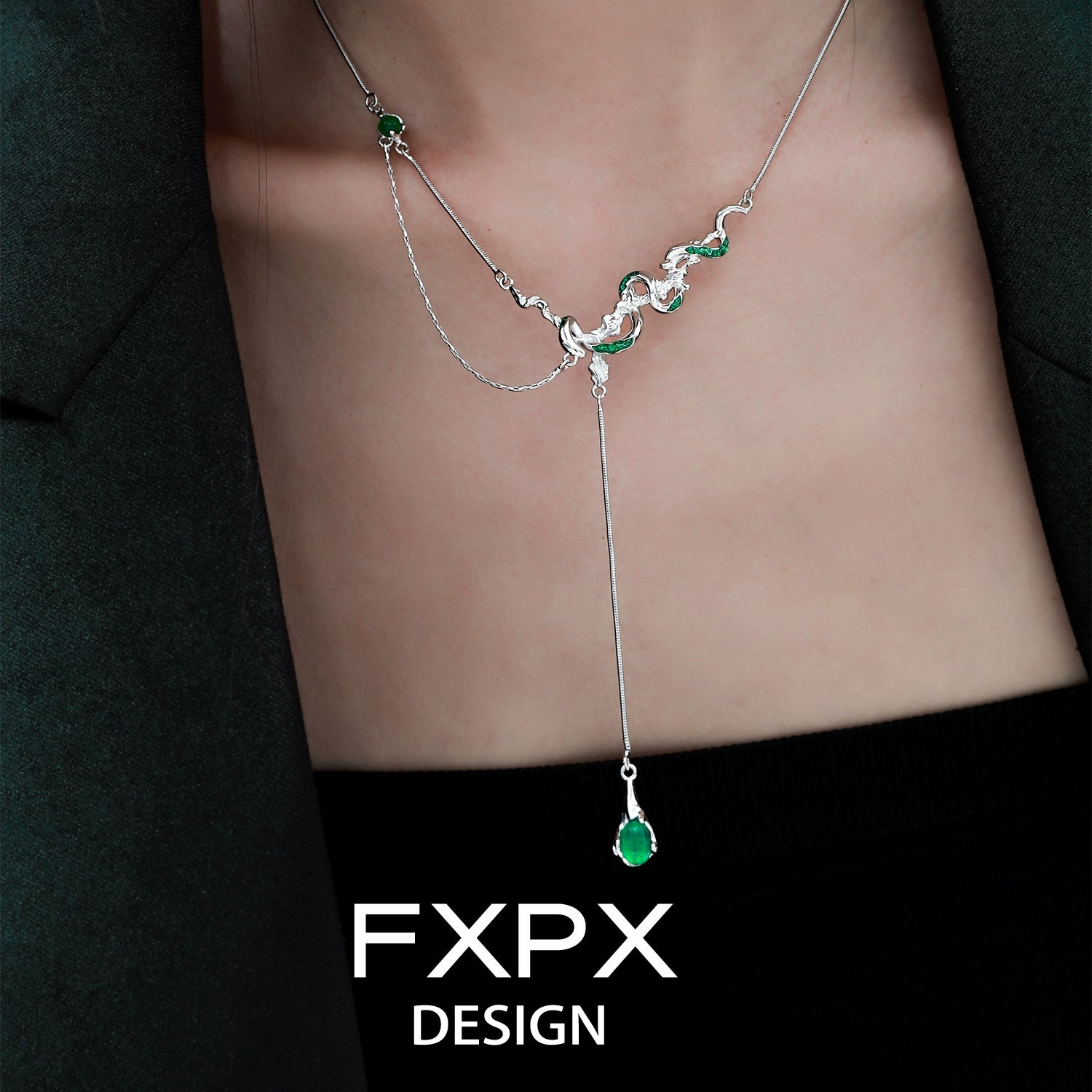 FXPX gothic snake necklace with silver design and green gemstones for a striking look