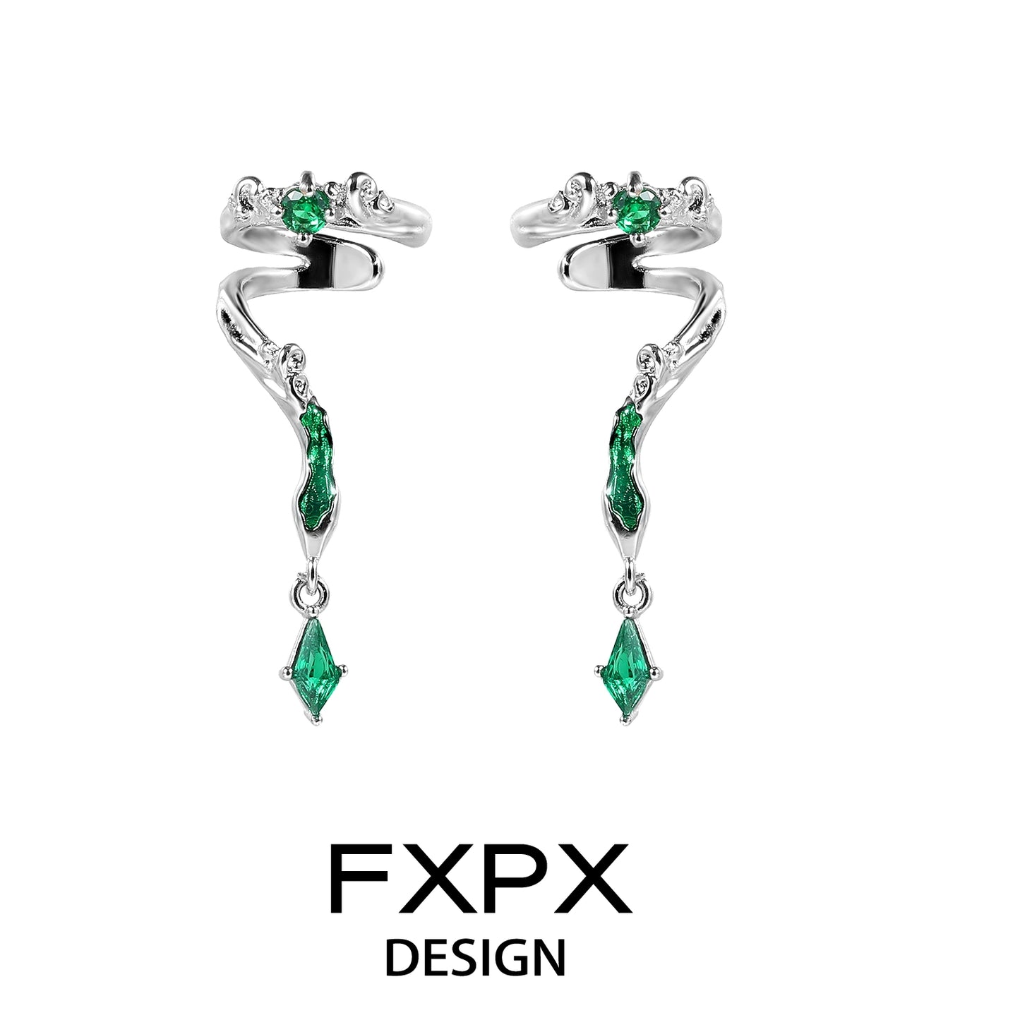 FXPX gothic viper ear cuff in silver with green gemstone accents and a unique snake design