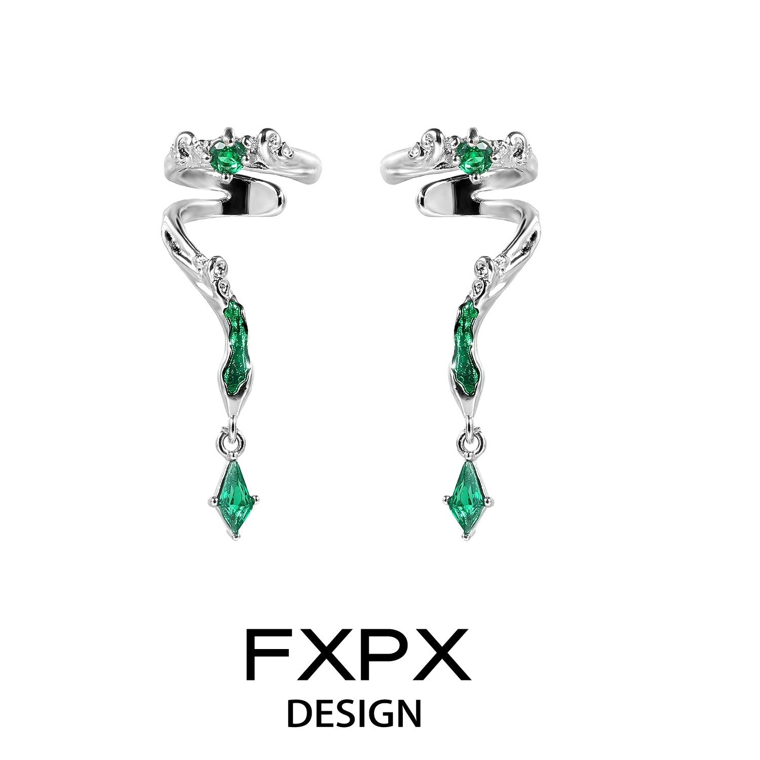FXPX gothic viper ear cuff in silver with green gemstone accents and a unique snake design