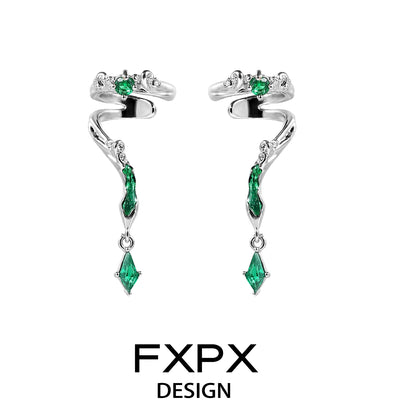 FXPX gothic viper ear cuff in silver with green gemstone accents and a unique snake design