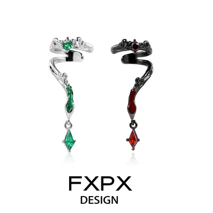 FXPX Gothic Viper Ear Cuff in silver with green and red gemstone accents for a striking look