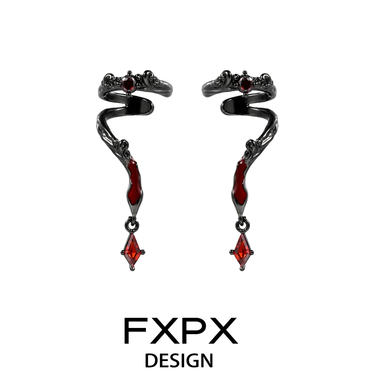 FXPX Gothic Viper Ear Cuff with Red Accents and Elegant Snake Design