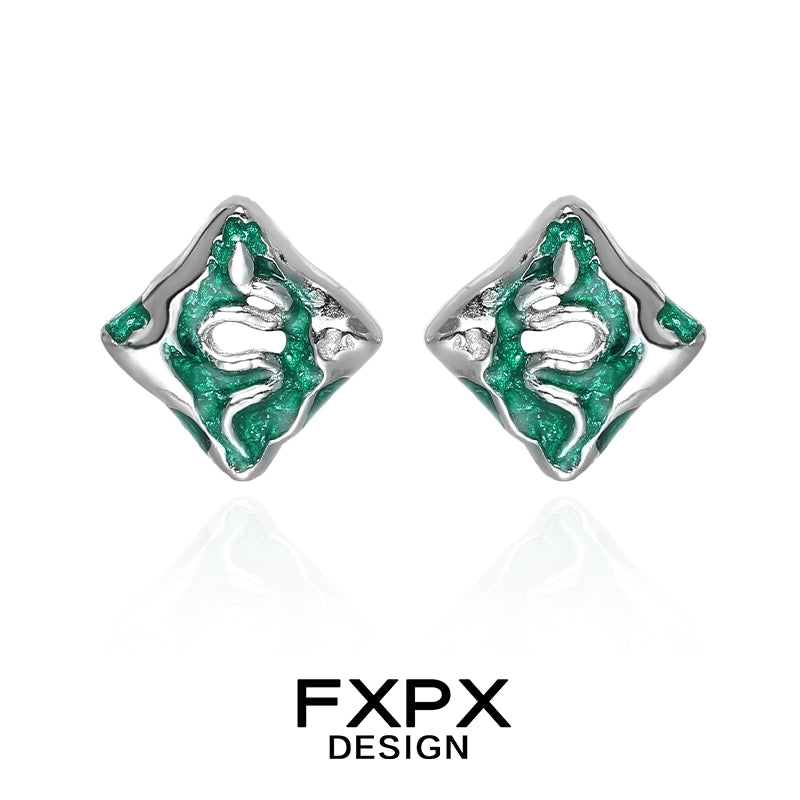 FXPX Green Snake Earrings in Silver with Glittery Green Snake Design